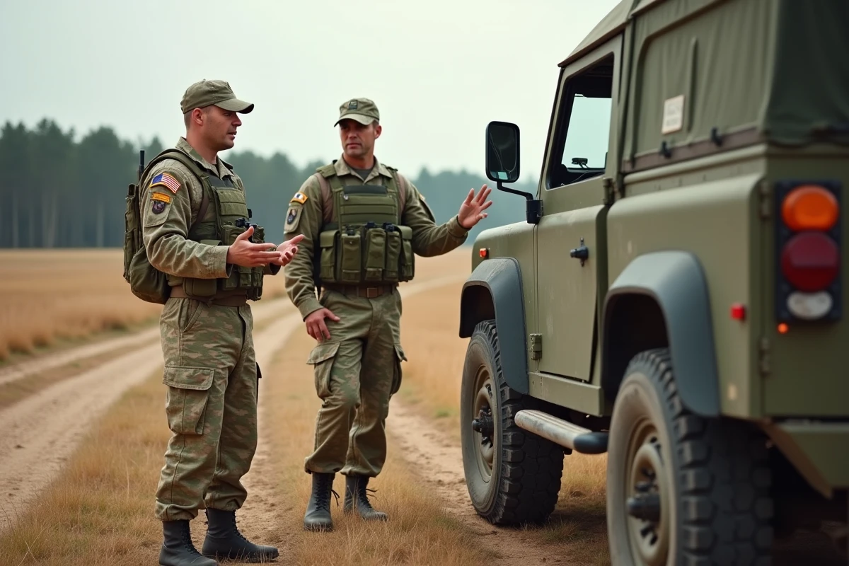 Deux sous-officiers de l'armée de Terre en tenue de combat discutant près d'un véhicule militaire sur un terrain d'entraînement