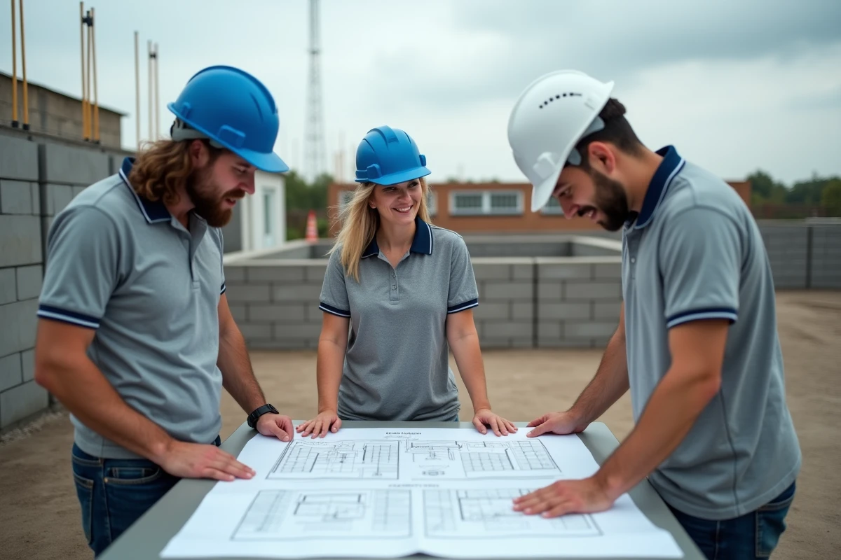 Groupe de stagiaires BTP en formation pratique sur un chantier école avec des plans techniques