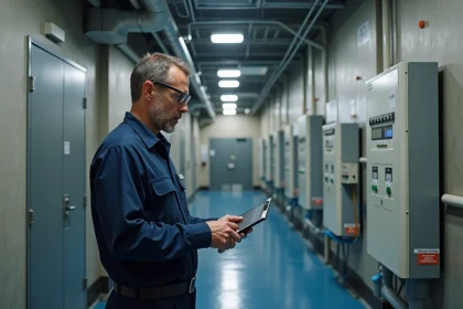 Technicien de maintenance vérifiant les réglages du système de climatisation dans le couloir d'une grande salle de sport après la rentrée