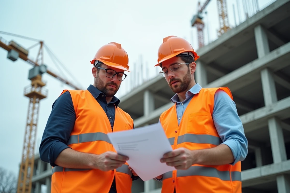 Deux travailleurs du BTP examinent une liste de vérification sur un chantier, symbolisant l'importance de bien s'informer avant de choisir une formation BTP